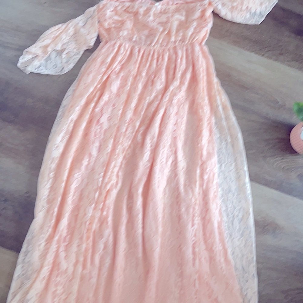 Peach lace long beachy maxi peasant dress L